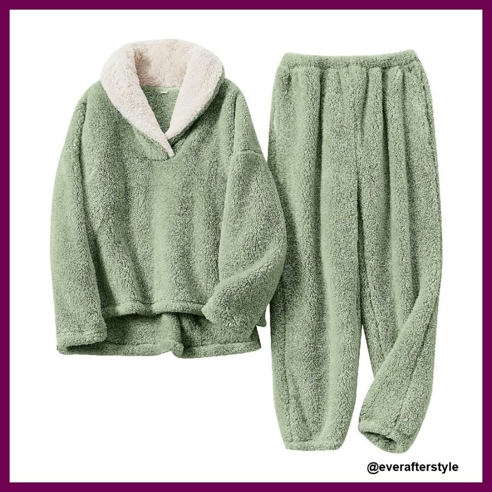 Fluffy Fleece Pajama Set Women's Soft Plush Lounge Wear Winter Sleepwear